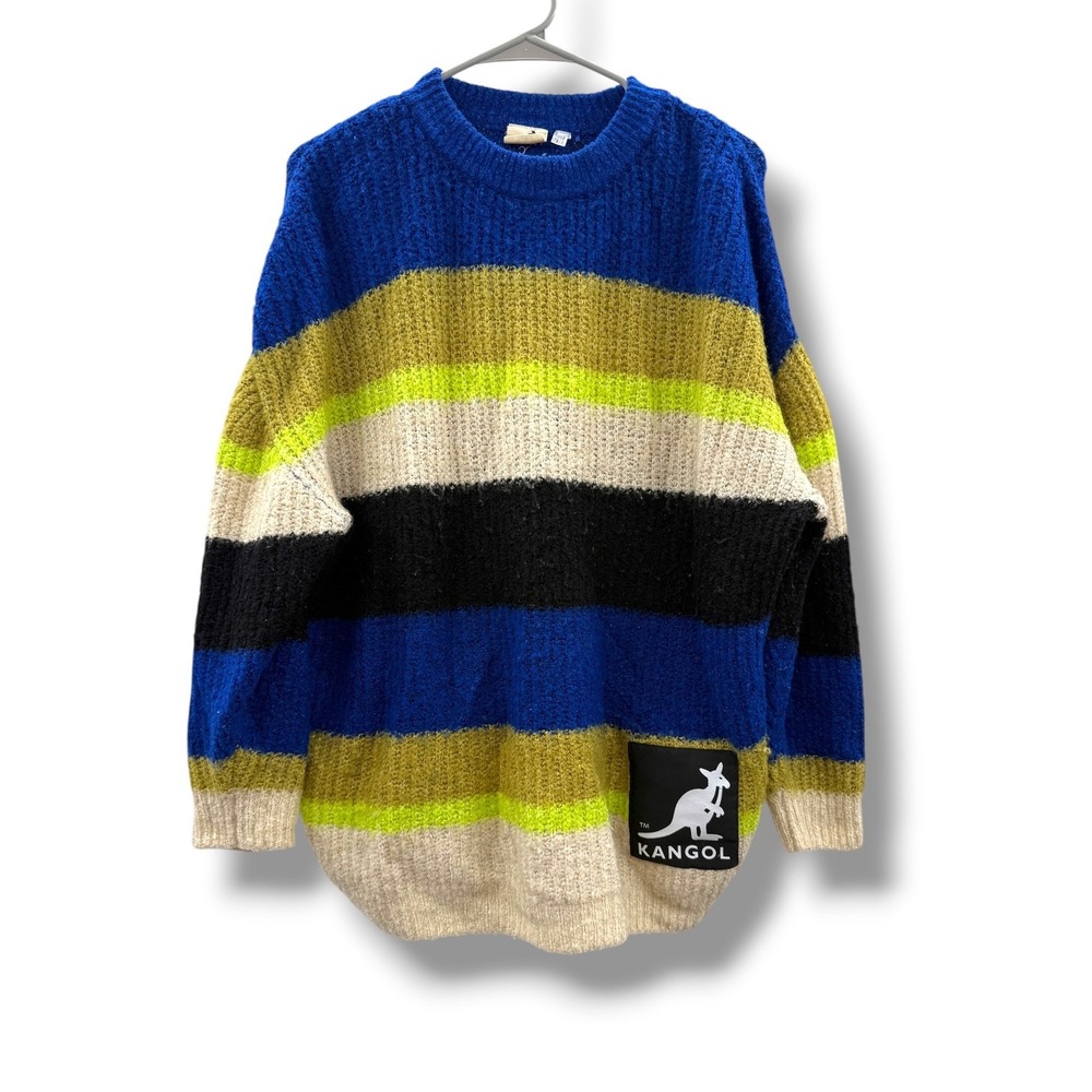 Kangol x H&M Sweater Womens XS Blue Green Striped Oversized Logo Knit Pullover